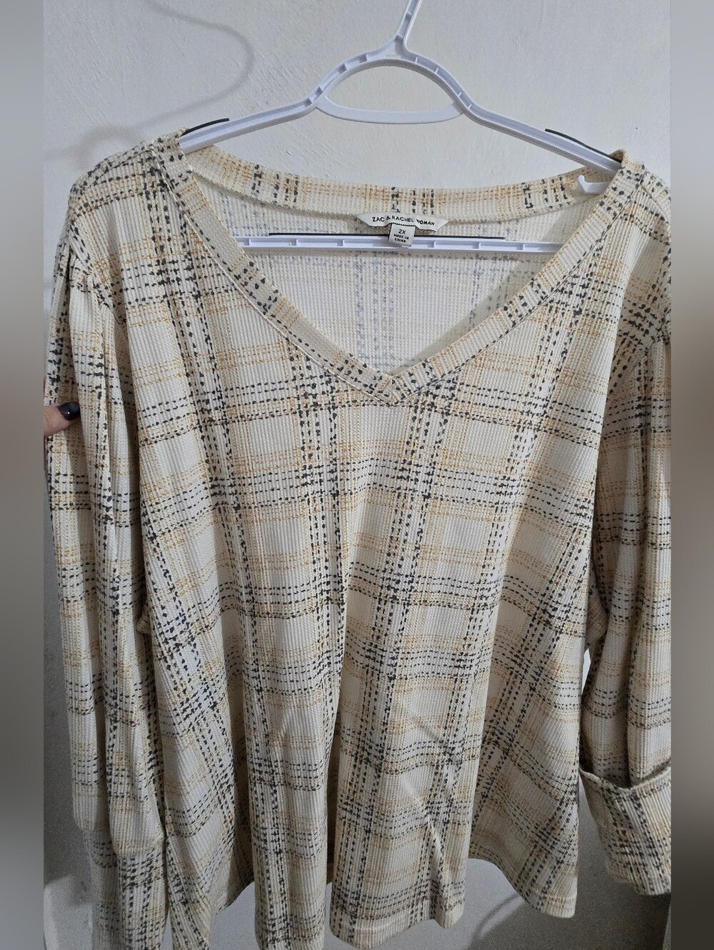 Zac & Rachel Cream Plaid V-Neck Top